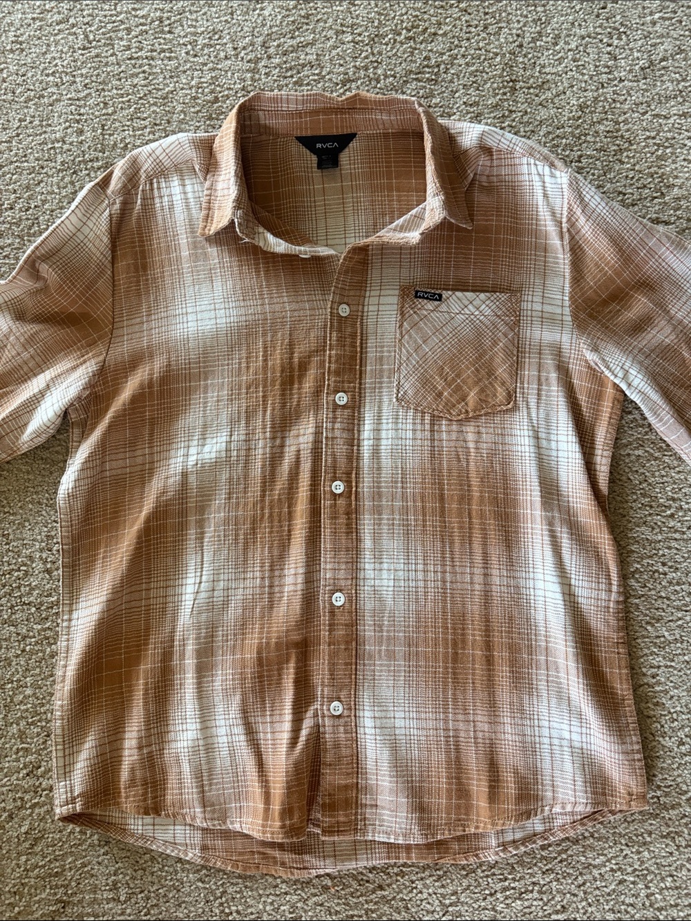 RVCA Men's Brown Plaid Lightweight Button-Down Shirt